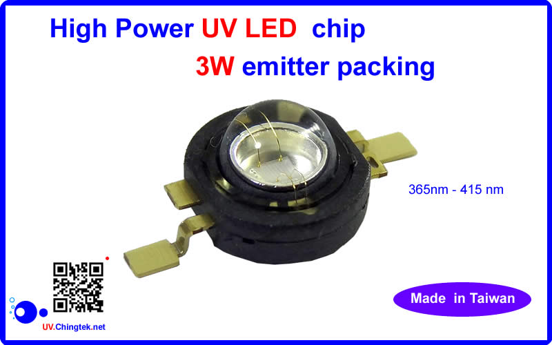 High power Ultraviolet (UV) LED chips 3W by emitter packing - 365nm 375nm 385nm 395nm 405nm 415nm - Chingtek.net