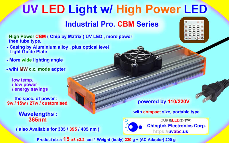 UV LED light Handheld module/lamp - Industrial Pro. CBM Series (Chip By Matrix) (UVA 365/385/395/405nm) For Industrial Diagnostic & Inspection / UV curing system / 3D printing / Fluorescence check / adhesive curing - Chingtek.net